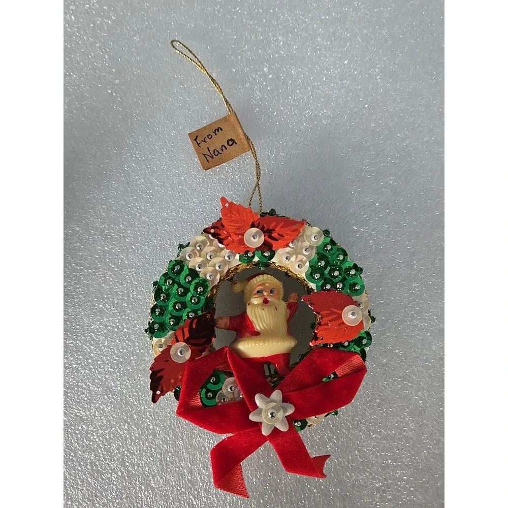 Beautiful Vintage Push Pin Bead Sequin With Santa Christmas Tree Wreath Ornament